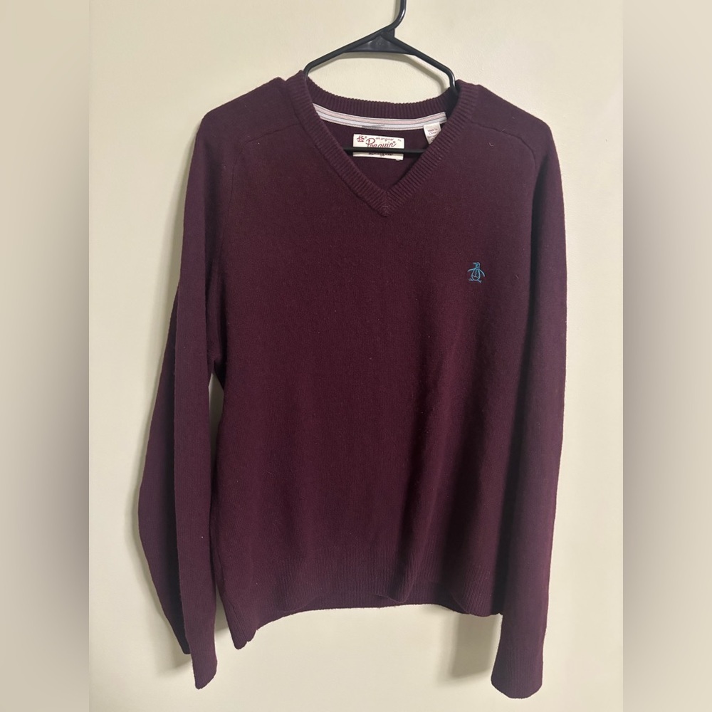 Penguin By Munsingwear 100% Lambswool V Neck Sweater Mens Size XL Burgundy